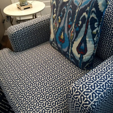 Blue and white Transitional Family Room