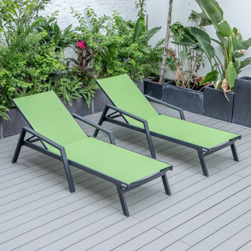 LeisureMod Marlin Patio Chaise Lounge Chair Black Arms Set of 2, Green