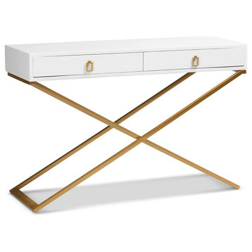 Modern Console Table, Crisscross Legs With 2 Storage Drawers, White/Gold