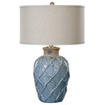 Uttermost - Uttermost Parterre Table Lamp, Pale Blue - Add traditional style to your space with the Uttermost Parterre Table Lamp, shown here in pale blue. This ceramic piece features a hammock pattern and dusty bronze top accented by bushed nickel accents. The round shade is made of beige linen fabric. Features: