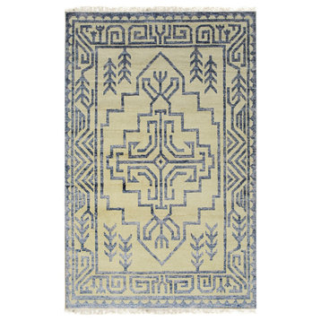 Hand-Knotted Blue Transitional Transitional Modern Silk Knotted Rug, 6'x9'