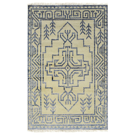 Hand-Knotted Blue Transitional Transitional Modern Silk Knotted Rug, 6'x9'