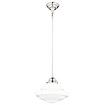 Vaxcel - Huntley 12" Pendant Milk Glass Satin Nickel - The Huntley is a timeless collection inspired by mid-century small-town aesthetics. The vintage school house glass is the focal point of this design with its unique profile and glass options. Offered in multiple finishes and glass options, this versatile farmhouse light will provide a unique accent to a variety of kitchen, dining, and bathroom settings. Medium screw base lamping provides maximum light output. The complete collection includes chandeliers, pendants, semi-flush ceiling lights, and 1, 2 3, and 4 light bathroom vanities.