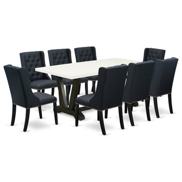 East West Furniture V-Style 9-piece Wood Dining Set in Wire Brush Black