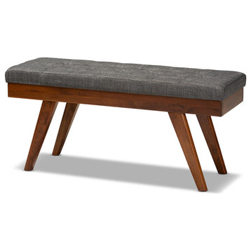 Alona Mid-Century Modern Medium Gray Fabric Upholstered Wood Dining Bench