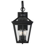Savoy House - Outdoor Wall-Mount Lantern, Black, 19" - Brighten the exterior of your home and welcome your guests in style, with this wall lantern. The design mimics a vintage gas lantern, with a classic, tapered box shape, graceful shepherd�s hook light arm, and decorative scroll. A deep black finish looks terrific, and blends well with other hardware and architectural materials. Panes of clear glass fill all four side panels �and the roof panels, too. Three 40W, C-style bulbs provide inviting and secure illumination. This lantern measures 9� wide, 19� high, and extends 11.25� from the wall. You�ll enjoy its timeless style and enhance the beauty of your property, whether on your porch, patio, sunroom, pergola, or other outdoor walls in your garden and yard.