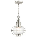 Livex Lighting - Brushed Nickel Nautical, Farmhouse, Bohemian, Colonial, Outdoor Pendant Lantern - The Newburyport outdoor medium single-light pendant lantern boasts classic nautical and railway styling. This piece features a beautiful hand-blown clear glass globe and a brushed nickel finish over the hand crafted solid brass construction. With its easy installation and low upkeep requirements, this light will not disappoint.