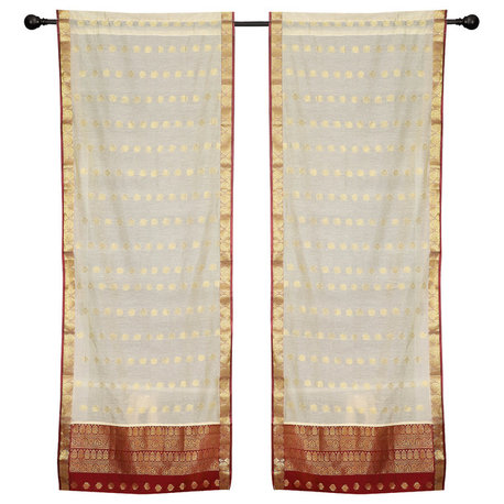 2 Lined Cream Bohemian Indian Sari Curtains Rod Pocket Living Room -60W x 84L