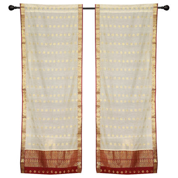 2 Lined Cream Bohemian Indian Sari Curtains Rod Pocket Living Room -60W x 84L