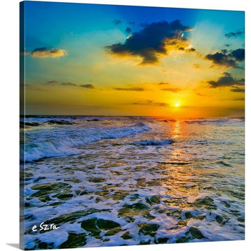 Yellow Sunset Checkered Sea-Square Frame-Sun Rays Wrapped Canvas Art Print