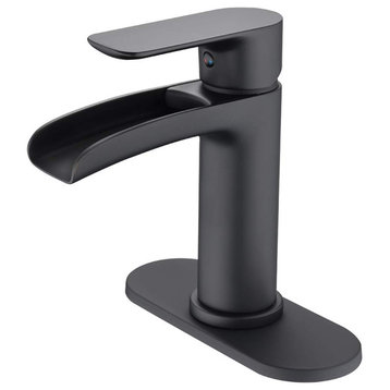 Single Hole Waterfall Spout Bathroom Faucet with Deck Plate, Matte Black