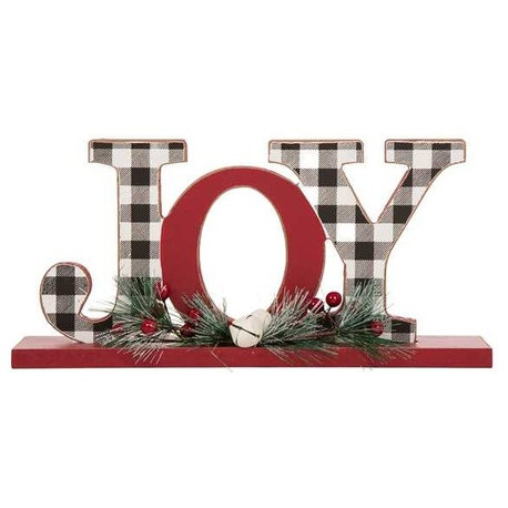 11.42" Christmas Wooden Plaid JOY Table Decor