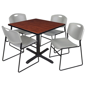 Cain 42" Square Breakroom Table- Cherry & 4 Zeng Stack Chairs- Grey