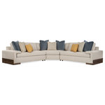 Caracole - I'm Shelf-ish - Create a destination in your home with the refined character and comfort of this stunning sectional sofa. Unique by design, its seat cushions nest under a wide shelf-arm creating statement-making style. A thoughtfully designed center wedge features a wood shelf finished in Smoked Sable that provides a place for snacks and beverages while concealing a pop-up with multinational AC and USB charging plugs. Destined to be a favorite spot for resting and relaxing, this sectional is upholstered in a neutral, linen-like fabric with a small, modern herringbone pattern. Accent pillows in shades of slate and goldenrod add impact and style. An angular Fumed Gum wood base finished in Smoked Sable cradles the frame and imparts a finishing touch that grounds its design presence.