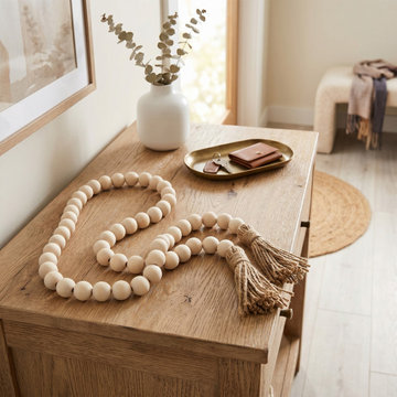Large Natural Wood Bead Strand Jute Tassels Handmade Garland