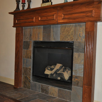 Handscraped Hardwood Floor, Slate Fireplace, Wood Stairway