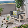 Eden Outdoor Modular Acacia Wood Loveseat and Table Set With Cushions, Weathered Gray/Dark Gray