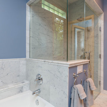 Traditional Carrara Marble Primary Bath Refresh With Maple Vanity