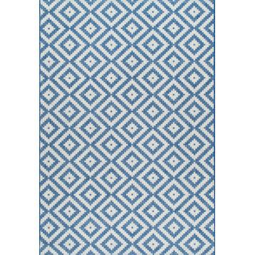 Geometric Outdoor Tribal Diamond Trellis Area Rug, Gray, Blue, 8'6"x13'