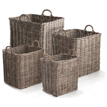 Set of 4 Large Rattan Cane Storage Baskets Square with Handles Laundry Wicker