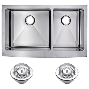 Corner Radius 60/40 Double Bowl Apron Front Sink With Drains And Strainers