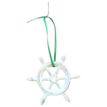 Antique White Cast Iron Ship Wheel Decorative Christmas Ornament 4'', Xmas