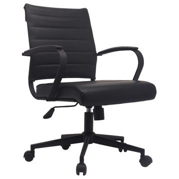 Mid Back Swivel Boss Ribbed PU Leather Office Arm Chair Modern Ergonomic, All Black