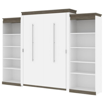 Orion  124W Queen Murphy Bed With 2 Shelving Units (125W) In White & Walnut...