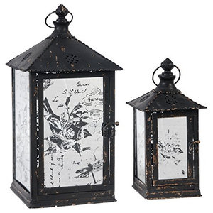 Metal Lantern With Etched Glass Panel Set Of 2 Farmhouse Candleholders By Fantastic Decor Llc