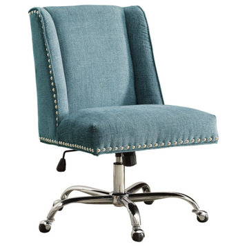 Unique Office Chair, Cushioned Seat & Nailhead Trim Accents, Aqua Fabric