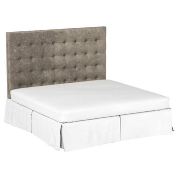 Transitional King Size Headboard, Velvet Upholstery With Button Tufting, Greige