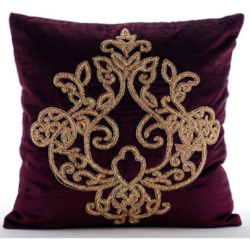 Purple Zardozi Damask 22"x22" Velvet Pillows Covers for Couch, Lord Pharaoh