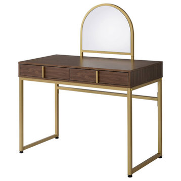 Contemporary Vanity Table, Golden Frame & 2 Drawers With Arched Mirror, Walnut