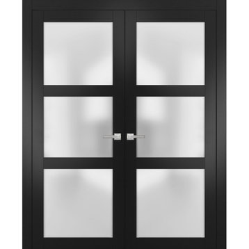Solid French Double Doors 56 x 84 Frosted Glass, Lucia 2552 Matte Black