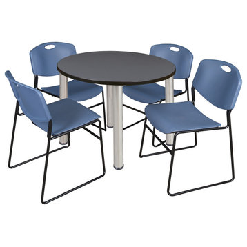 Kee 36" Round Breakroom Table- Grey/ Chrome & 4 Zeng Stack Chairs- Blue