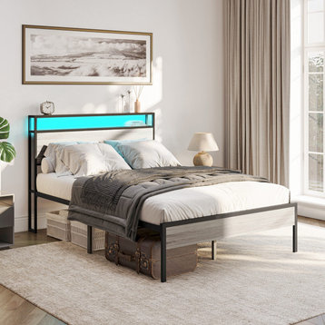 Metal Bed Frame -- FULL/ QUEEN Size, with/ without Drawers Under Bed, Grey, Full Size Bed Frame