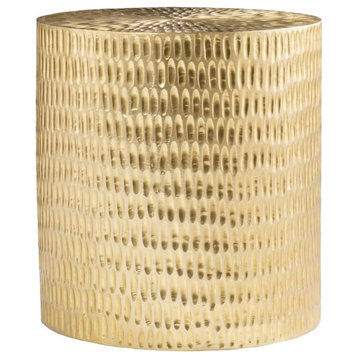 Modern Side Table, Cylindrical Golden Wood Body With Unique Hammered Accents