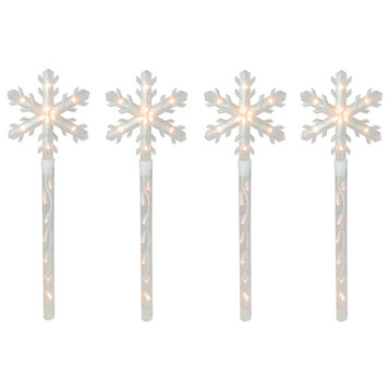 Set of 4 Lighted Snowflake Christmas Pathway Marker Lawn Stakes, Clear Lights
