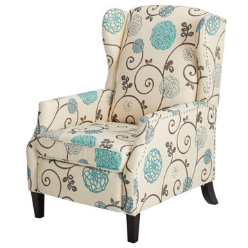 Traditional Recliner, Padded Seat With Wingback and Nailhead Trim, Blue Floral