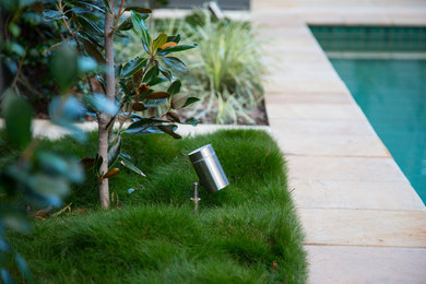 Inspiration for a mid-sized contemporary backyard full sun garden for summer in Brisbane with natural stone pavers.