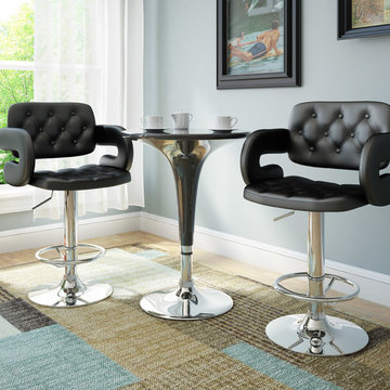 Tufted Adjustable Barstool With Armrests, Black Leatherette, Set of 2