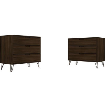 Manhattan Comfort Rockefeller 3-Drawer Wood Dresser in Brown (Set of 2)