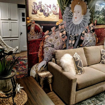 Basement living room with kitchenette