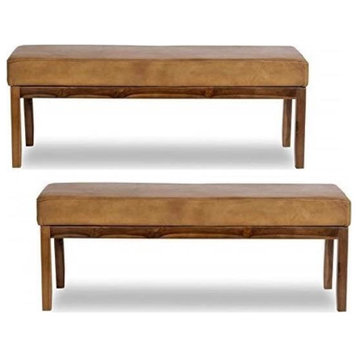 Home Square 2 Piece Asher Genuine Leather Bench Set in Cognac Tan