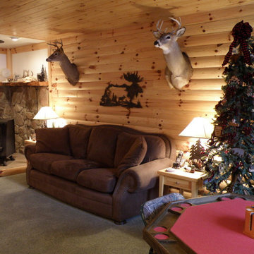 Knotty pine walls blended with stonework