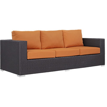 Contemporary Outdoor Sofa, Weather Resistant Wicker Frame and Orange Cushions