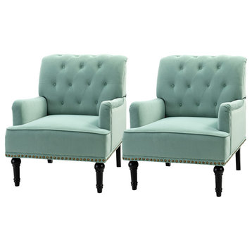 Upholstered Tufted Comfy Accent Armchair With Nailhead Trim Set of 2, Sage