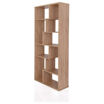 Modern Bookcase, Tall Design With Asymmetrical Open Compartments, Weathered Oak