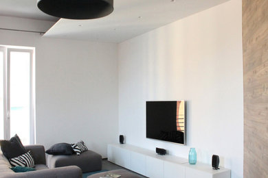 Idee per un piccolo soggiorno minimal stile loft con pareti bianche, pavimento in gres porcellanato, soffitto ribassato e pareti in legno