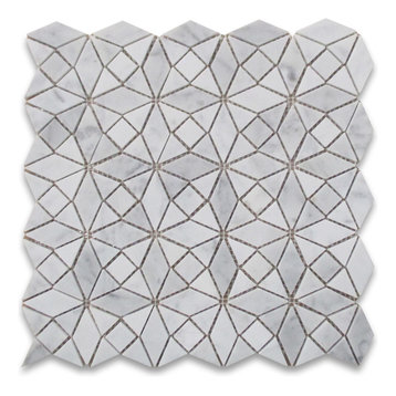 Carrara Marble Kaleidoscope Pattern Diamond Mix Mosaic Tile Honed, 1 sheet